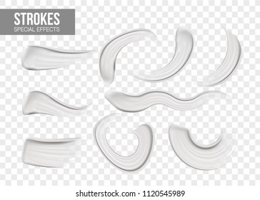 Set of special effects. Blank Strokes. Foundation blank liquid .Cosmetic make up. smudges white on transparent background.  concealer, cream strokes. Vector Illustration