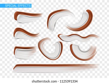 Set of special effects. Blank Strokes. Food ,cream, peanut butter. chocolate. smudges white and brown on transparent background.  concealer, cream strokes. Vector Illustration