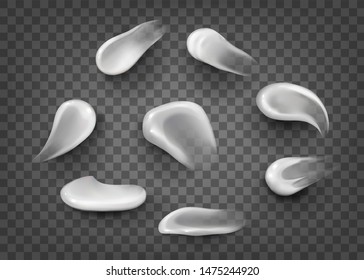 Set of special effects. Blank Strokes.  blank liquid .Cosmetic white cream for skin of different shapes and sizes Isolated On transparent  Background. smudges white.concealer, cream strokes. Vector