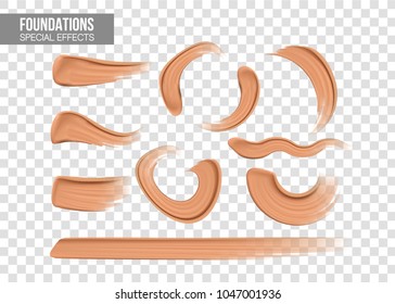 Set of special effects.Foundation beige liquid .Cosmetic make up. smudges range of colors on transparent background. Beige concealer strokes. Vector Illustration