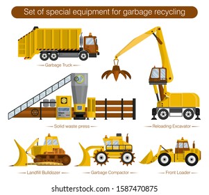 Set of special equipment for garbage recycling. Machineries for landfills and construction, loading and unloading works. Isolated objects, icons on white background. Flat cartoon vector illustration