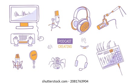 Set of special equipment for sound recording studio: microphones, headphones, mixer, digital audio workstation. Tools for podcast or radio program creation. Line art illustration. Outline vector