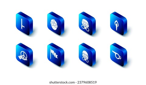Set Special forces soldier, Gas mask, Torch flame, Whistle, Location marker, Peace and Police rubber baton icon. Vector