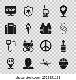 Soldado de las fuerzas especiales, granada de mano, esposas, walkie talkie, llama de la antorcha, escudo de asalto de la policía, protesta e icono de chaleco a prueba de balas. Vector