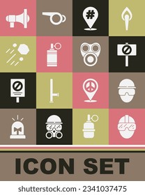 Set Special forces soldier, Protest, Hand grenade, Flying stone, Megaphone and Gas mask icon. Vector