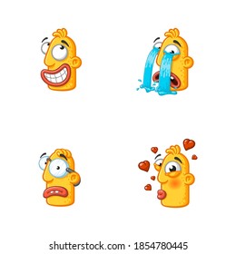Set of special funny cartoon stickers character head, yellow color, with large lips and eyes in a vector on a white background. 