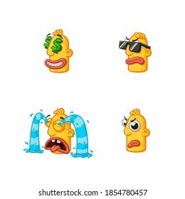 Set of special funny cartoon stickers character head, yellow color, with large lips and eyes in a vector on a white background. 