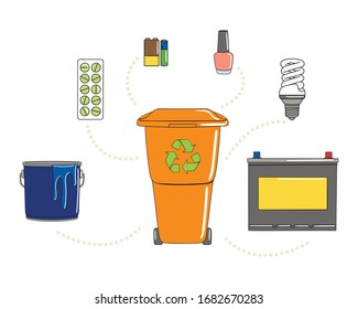 Set of special garbage with plastic can. Medicines, batteries, varnishes, paints, bulbs. Waste management. Sorting garbage. Utilization concept. Hand drawn vector illustration.