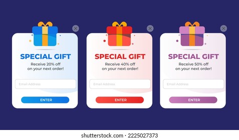 Set of special gift notification pop up banner with mail subscription login. Professional web design, mobile ui elements. User-friendly design materials. Vector EPS 10