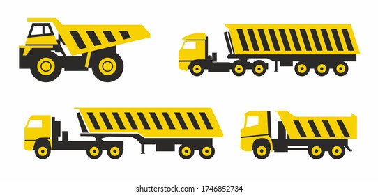 Set of special machinery dump trucks. Vector icons
