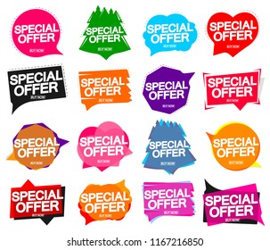 Set Special Offer banners, sale speech bubble tags, design template, app icons, vector illustration