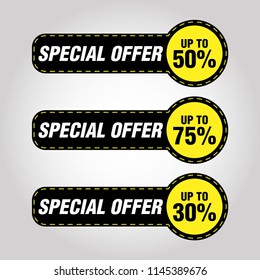 set of a special  offer black and yellow vector ribbon poster,up to 50%,up to 75,up to 30,eps 10 file,light gray background,suite for flyer and brochures  