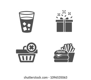 Set of Special offer, Delete order and Ice tea icons. Burger sign. Delivery box, Clean basket, Soda beverage. Cheeseburger.  Quality design elements. Classic style. Vector