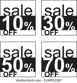 Juego de etiquetas especiales de descuento de oferta para la venta. 10, 30, 50, 70 por ciento de descuento. Vector. Precios promocionales para la oferta del Viernes Negro. Venta de Viernes Negro. Fondo blanco y negro minimalista con números.