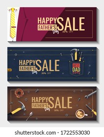 Set of special offer flyers for Happy Father's Day with tools, denim pocket, suit with tie. Vector illustration for sale, commercial, promotion, discount, card, print, poster, banner.