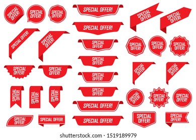 Set of special offer labels in red isolated on white background. Vector illustration