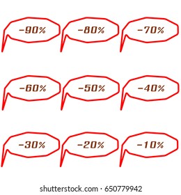 Set of special offer sale angular tags. Isolated discount offer price label, vector symbol for advertising campaign in retail, sale promo marketing, 10-90% off discount sticker, offer on shopping day.