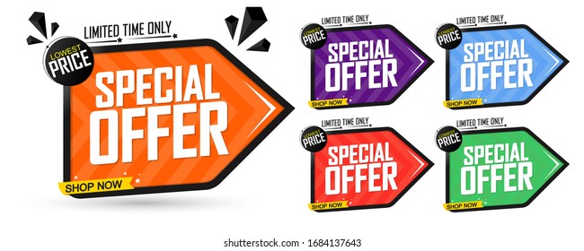 Set Special Offer tags, sale banners design template, lowes price, vector illustration