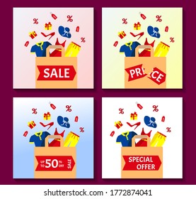 Para ofertas especiales, bolso con ropa. Ilustración vectorial para volante, publicidad, comercial, banner.