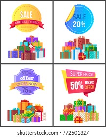 Set of special price exclusive discount posters vector illustration with promotion cards with colorful stickers, ad text, cute gifts isolated on white