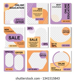 Set Special Promo Editable Social Networks Banners in Graphic Design. Mobile Template with Sale Offers in Online Education, Total Sell-out up to 50 Percent, Best Courses Tutorials Vector Illustration