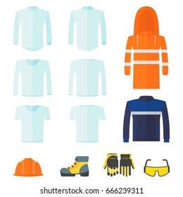 Set of special protective working clothes for workers in factories, factories and service. Flat vector cartoon illustration. Objects isolated on a white background.