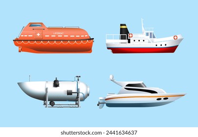 Set of special sea transport ( submarine, lifeboat, boats) on blue background. Vector illustration