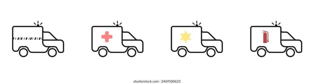 A set of special service vehicles. Cars with flashing lights vector. Linear transport icons. Car for emergency situations. Ambulance, police, firefighters, rescuers vector set.