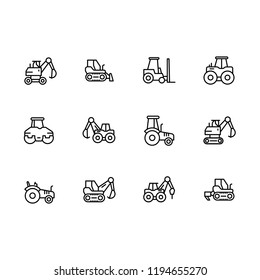 Set special transport and construction equipment vector line icons. Contains such icons machines for building, mining, agricultural work. Forklift, excavator, tractor, bulldozer and other