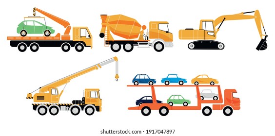 Set of special transport. Special machines for construction work. Concrete mixer, crane, tow truck, bulldozer and car transportation. Vector illustration in flat style.