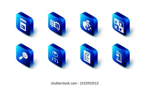 Set Spectrometer, Biological structure, Periodic table, Test tube flask on fire, Clinical record, Genetically modified food, Microorganisms under magnifier and Jar with additives icon. Vector