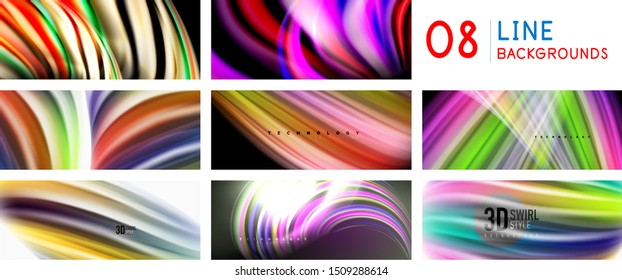 Set of spectrum flowing liquid color lines backgrounds. Flowing multicolored templates with wavy curve lines, dynamic trendy textures. Vector art