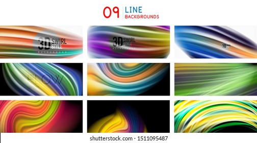 Conjunto de antecedentes de líneas de color líquido de flujo de espectro. Fusionar plantillas multicolores con líneas de curva onduladas, texturas dinámicas de moda. Arte vectorial