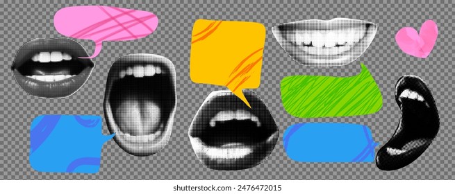 A set of speech ballons with halftone lips and mouth. Scream and talk. Vintage texture graphic design vector elements with scribble doodles on the transparent bg as a png