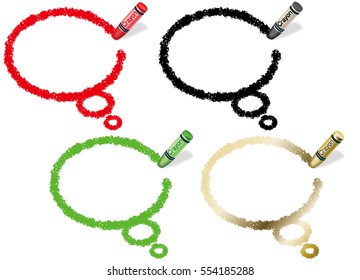 A set of speech balloons in four colors drawn with crayons.
