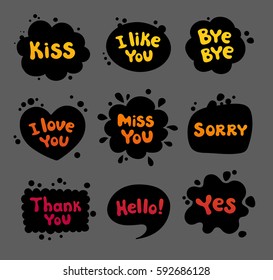 Set of speech black bubbles. Phrases written in a cartoon style. Dialog clouds. Vector illustration.