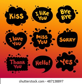 Set of speech blsck bubbles with dialog words on a gradient colorful background.