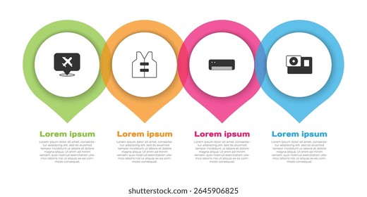 Set Speech bubble with airplane, Life jacket, Air conditioner and Action camera. Business infographic template. Vector