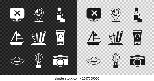 Set Speech bubble with airplane, Location on the globe, Whiskey bottle and glass, Elegant women hat, Hot balloon, Photo camera, Yacht sailboat and Ski sticks icon. Vector