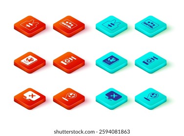 Set Speech bubble with airplane, Location on the globe, Passport, Sunscreen spray bottle, Signboard text Hotel and Life jacket icon. Vector