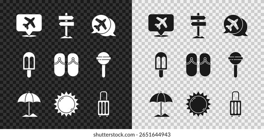 Definir balão de fala com avião, sinalizador de trânsito rodoviário, guarda-chuva protetor solar para praia, mala, sorvete e ícone de chinelos. Vetor