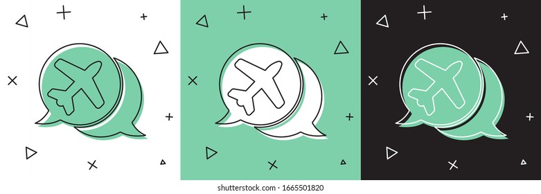 Set Speech bubble with airplane travel icon isolated on white and green, black background. Plane flight transport sign. Holidays symbol.  Vector Illustration