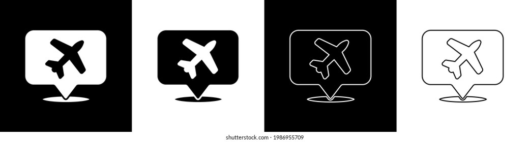 Set Speech bubble with airplane travel icon isolated on black and white background. Plane flight transport sign. Holidays symbol.  Vector Illustration
