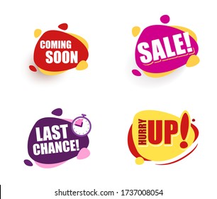 Set Speech bubble announcement. coming soon! Sale! last chance! hurry up! Promotion Icon Offer. advertising sign. Vector banner in modern flat style on white.