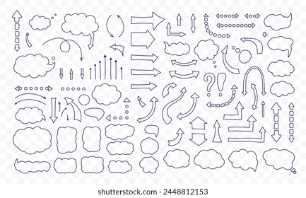 Set of speech bubble and arrow. Collection of pen drawn speech bubble, symbols and arrow doodle style glow on transparent background. Vector illustration for sticker, print.