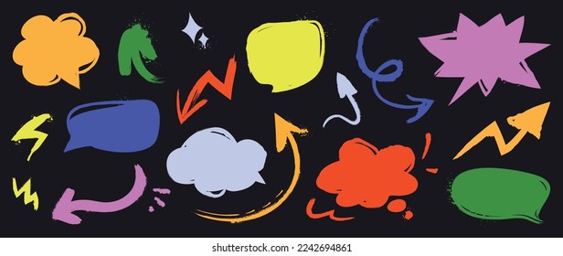 Set of speech bubble and arrow vector illustration. Collection of colorful hand drawn comic speech bubble, symbols and arrow doodle style glow on black background. Design for tattoo, sticker, print.