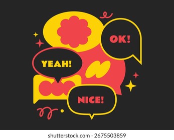 Set of speech bubble. Cartoon chatting box collection. Speech bubble with text yeah, ok, nice and geometric elements.