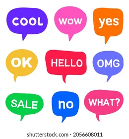 Set Of Speech Bubble Cartoon Style Illustration. Speach Box With Words. Talk And Thinking Signs. Hello, Wow, Lol, Omg, Ok.