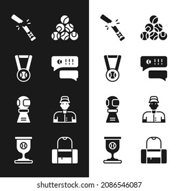 Set Speech bubble chat baseball, Medal with, Broken bat, Baseball, Award cup, player, Sport bag and  icon. Vector