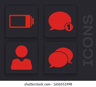 Set Speech bubble chat, Battery charge level indicator, Speech bubble chat and Add to friend icon. Vector